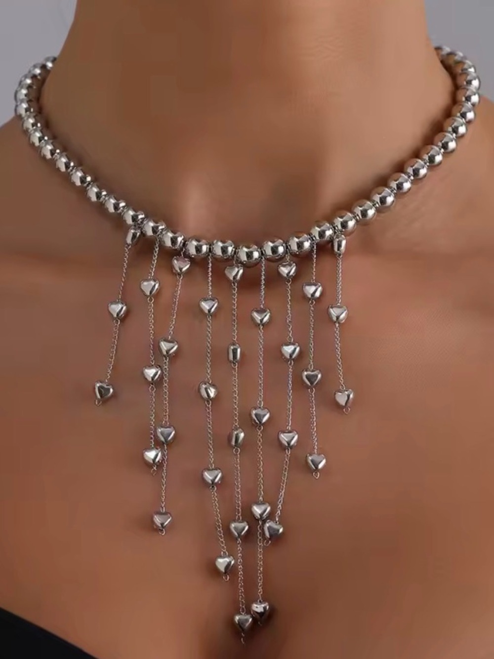 Silver Beaded Heart Drop Choker Necklace